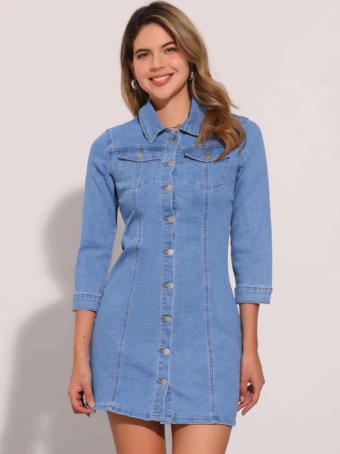 Allegra K Women's 3/4 Sleeve Button Down Denim Dress