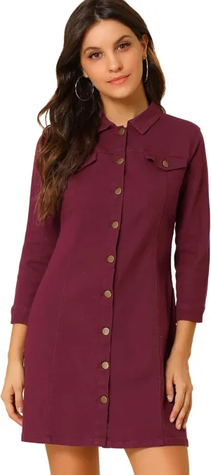 Allegra K Women's 3/4 Sleeve Button Down Denim Dress