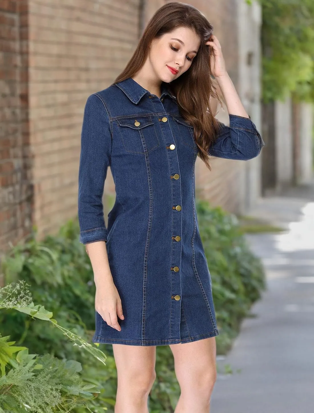 Allegra K Women's 3/4 Sleeve Button Down Denim Dress