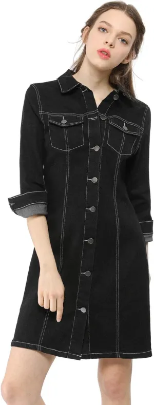 Allegra K Women's 3/4 Sleeve Button Down Denim Dress