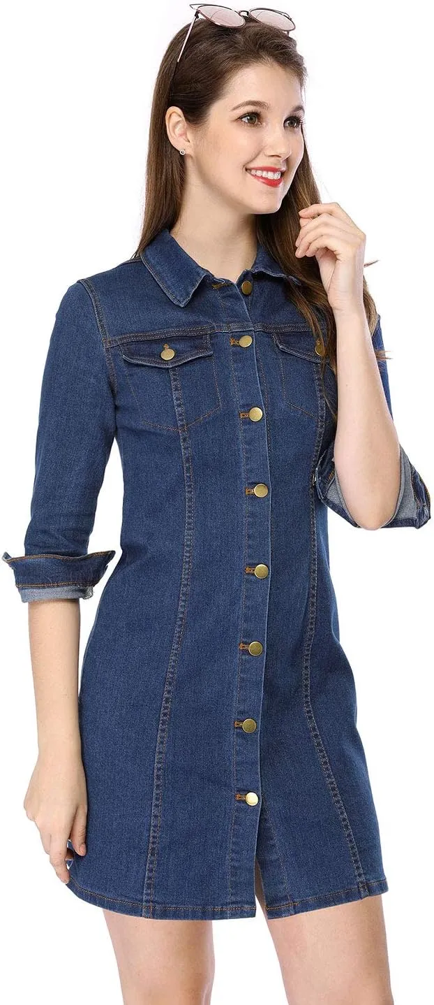 Allegra K Women's 3/4 Sleeve Button Down Denim Dress