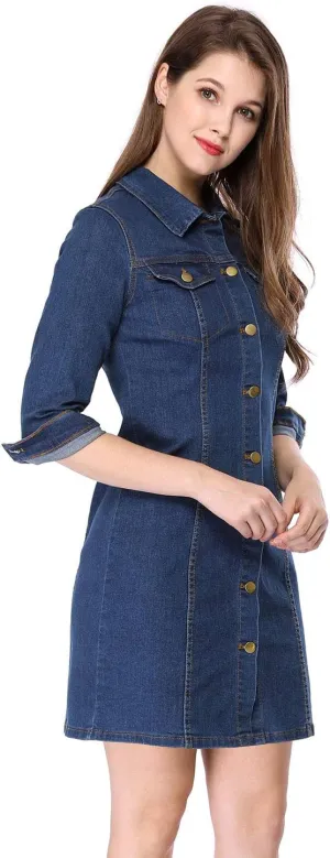 Allegra K Women's 3/4 Sleeve Button Down Denim Dress