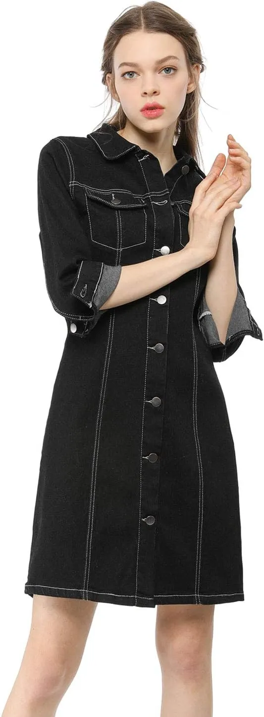 Allegra K Women's 3/4 Sleeve Button Down Denim Dress