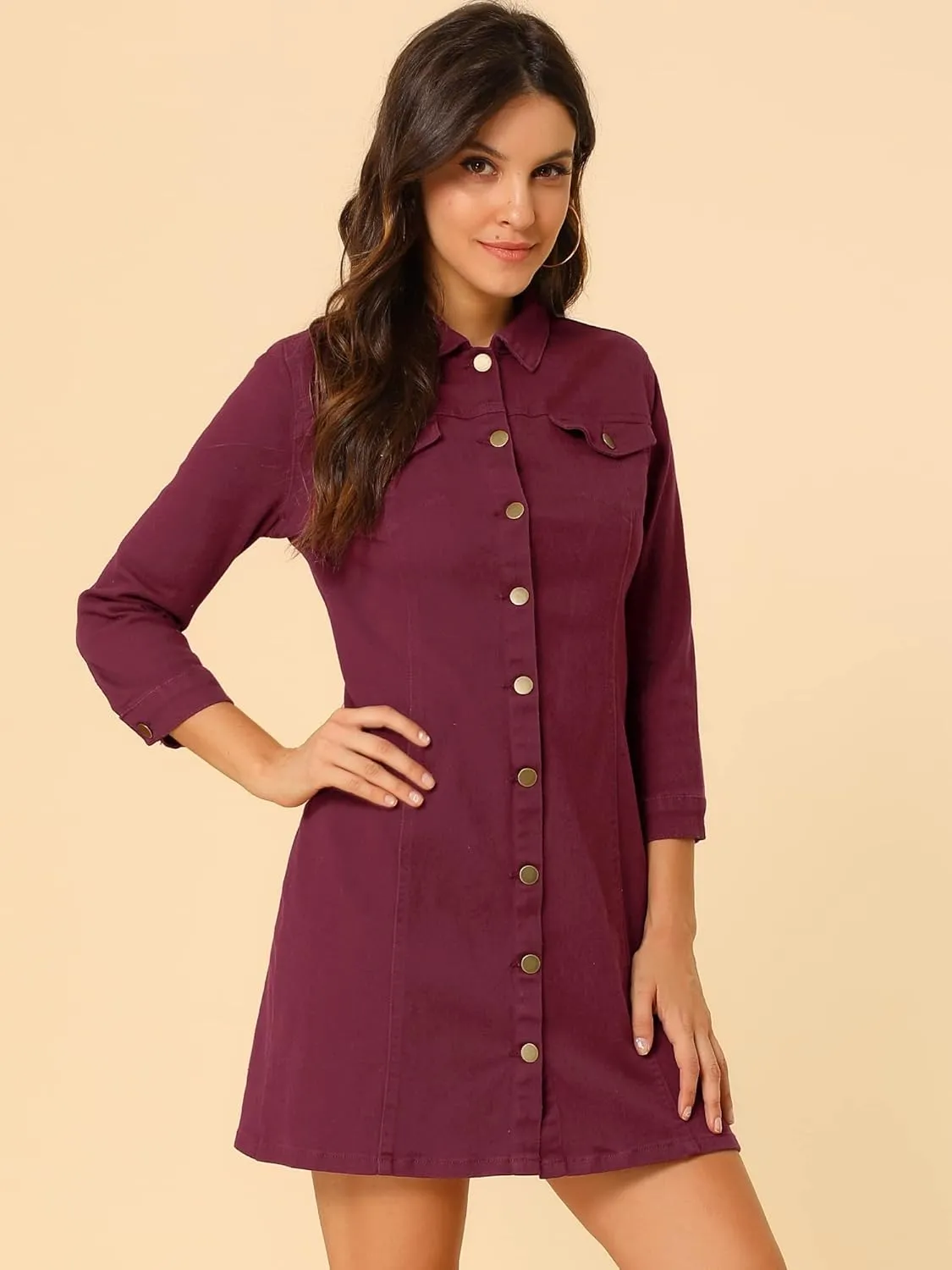 Allegra K Women's 3/4 Sleeve Button Down Denim Dress