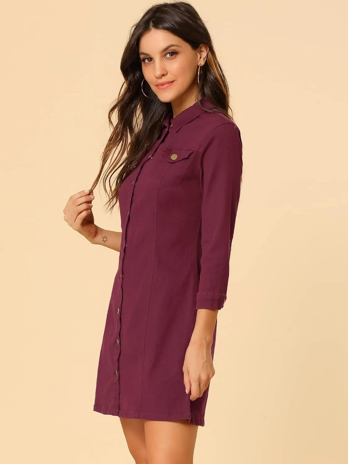 Allegra K Women's 3/4 Sleeve Button Down Denim Dress