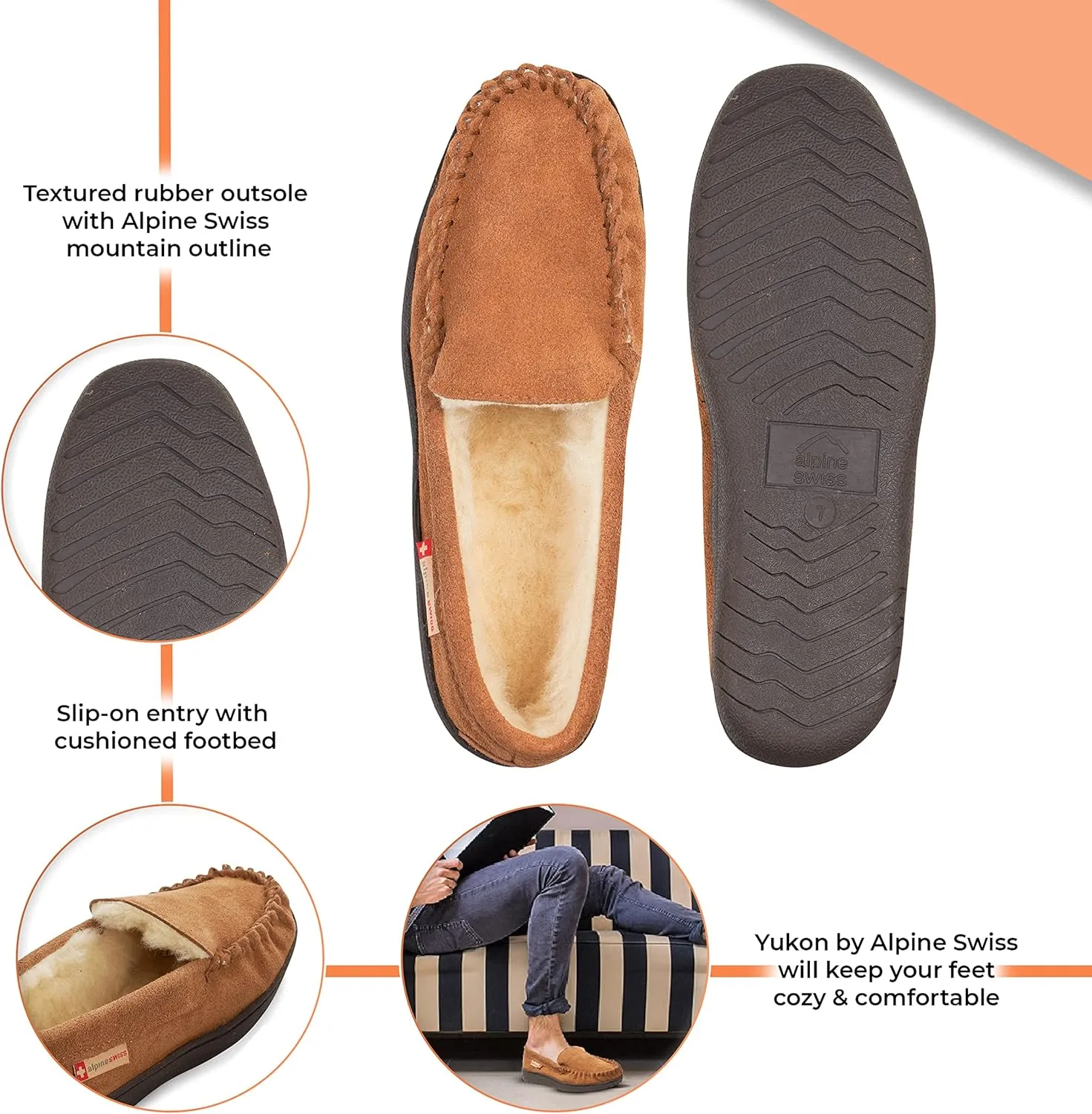 Alpine Swiss Yukon Mens Genuine Suede Shearling Slip On Moccasin Slippers