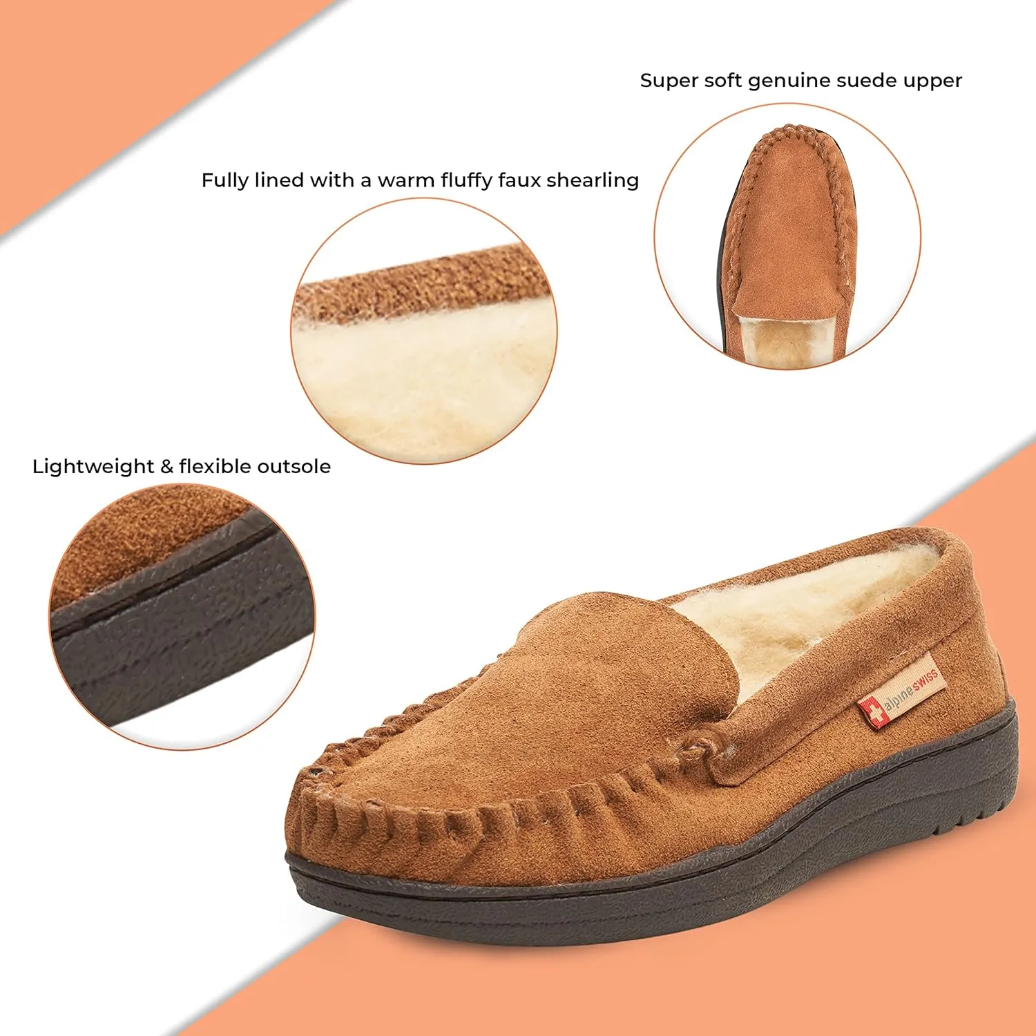 Alpine Swiss Yukon Mens Genuine Suede Shearling Slip On Moccasin Slippers