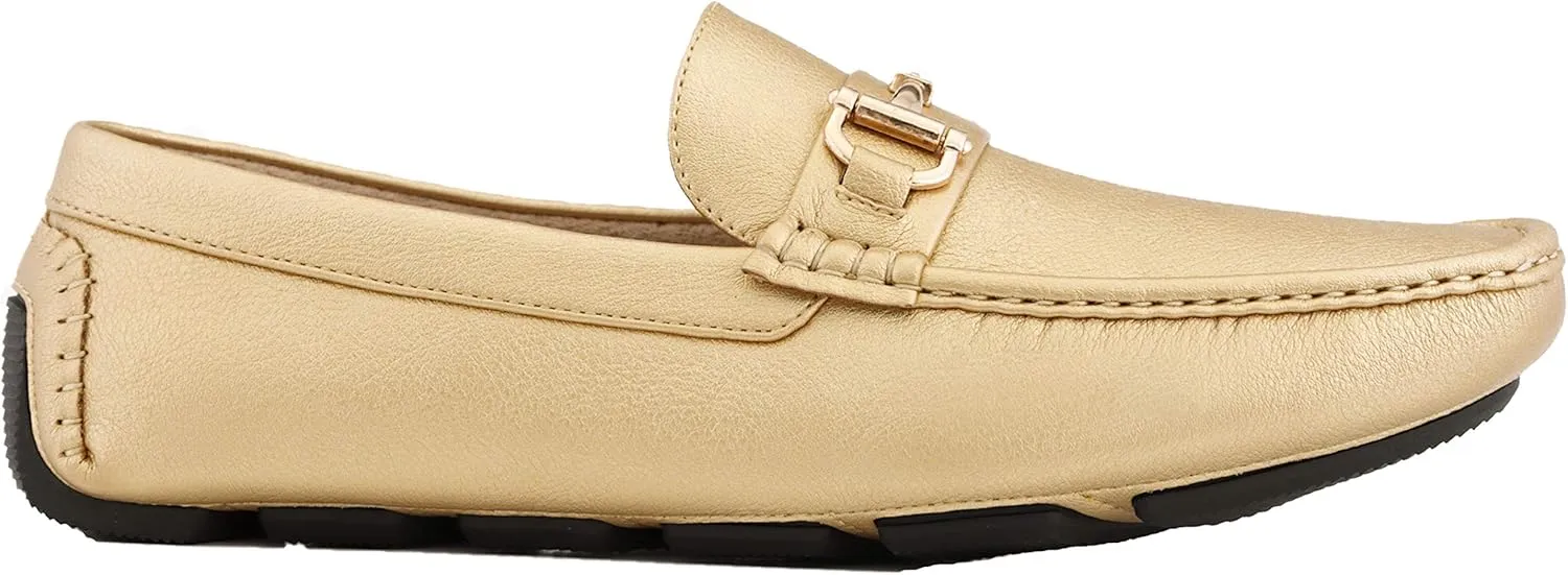 Amali Walken Men's Casual Slip-On Loafers, Driving Moccasin Shoes for Men with Silver Buckle, Available in Plush Microfiber and PU Leather