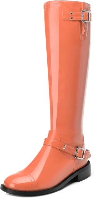 AMBELIGHT Flat Knee High Boots for Women Zipper Round Toe Patent Low Heel Wide Calf Long Boots Casual Fall Winter Tall Boots