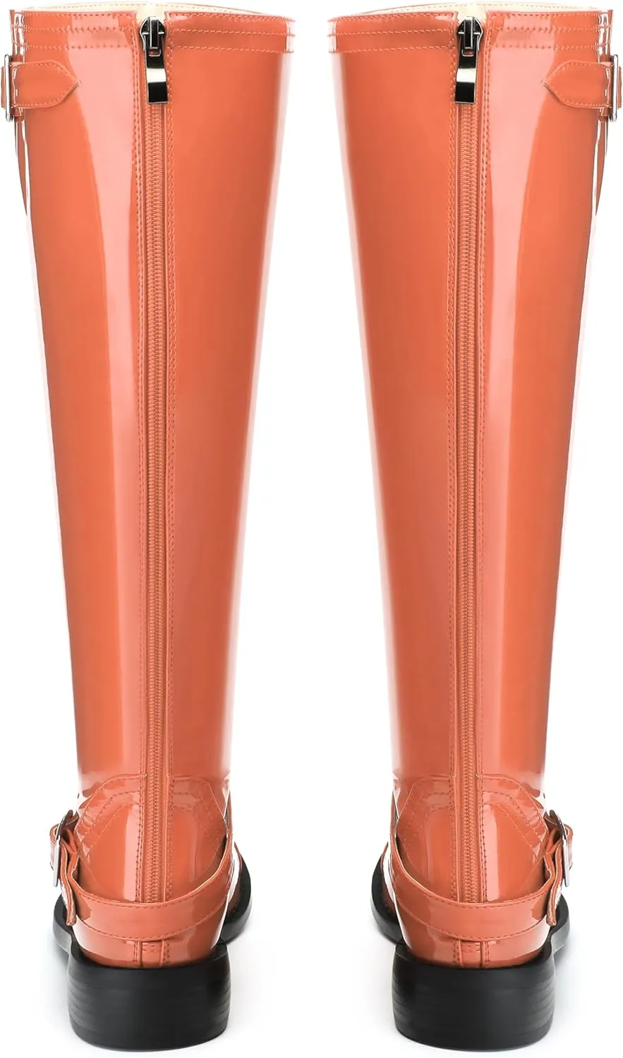 AMBELIGHT Flat Knee High Boots for Women Zipper Round Toe Patent Low Heel Wide Calf Long Boots Casual Fall Winter Tall Boots