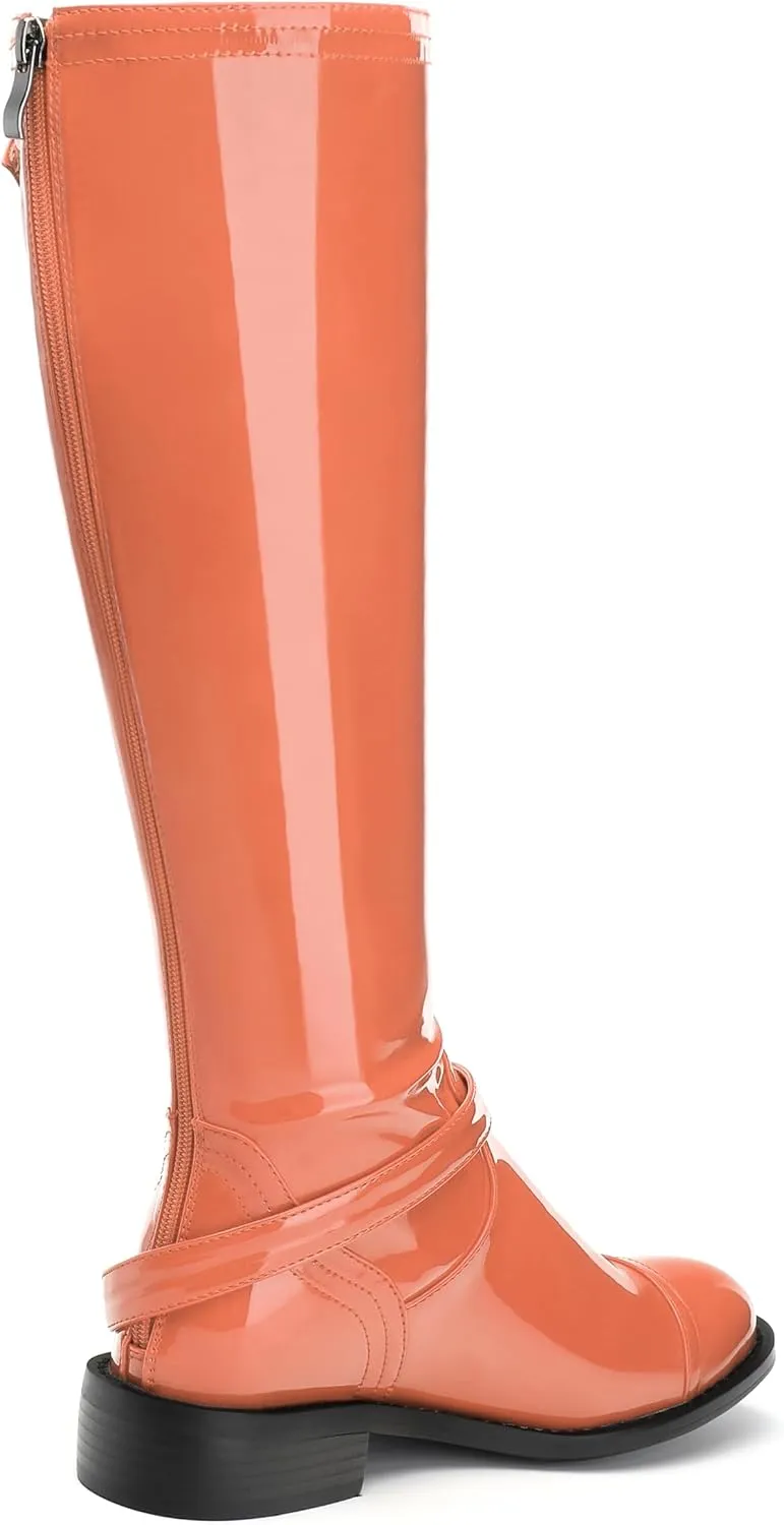 AMBELIGHT Flat Knee High Boots for Women Zipper Round Toe Patent Low Heel Wide Calf Long Boots Casual Fall Winter Tall Boots