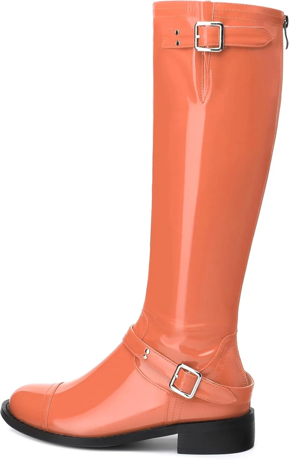 AMBELIGHT Flat Knee High Boots for Women Zipper Round Toe Patent Low Heel Wide Calf Long Boots Casual Fall Winter Tall Boots