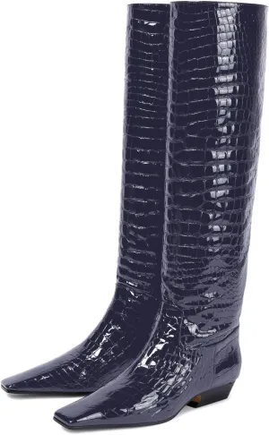 anteikira Women's Fashion Chunky Heel Square Toe Knee High Boots Crocodile Closed Toe Tall Boots Pull On Long Boot for Women Size 5.5-12US