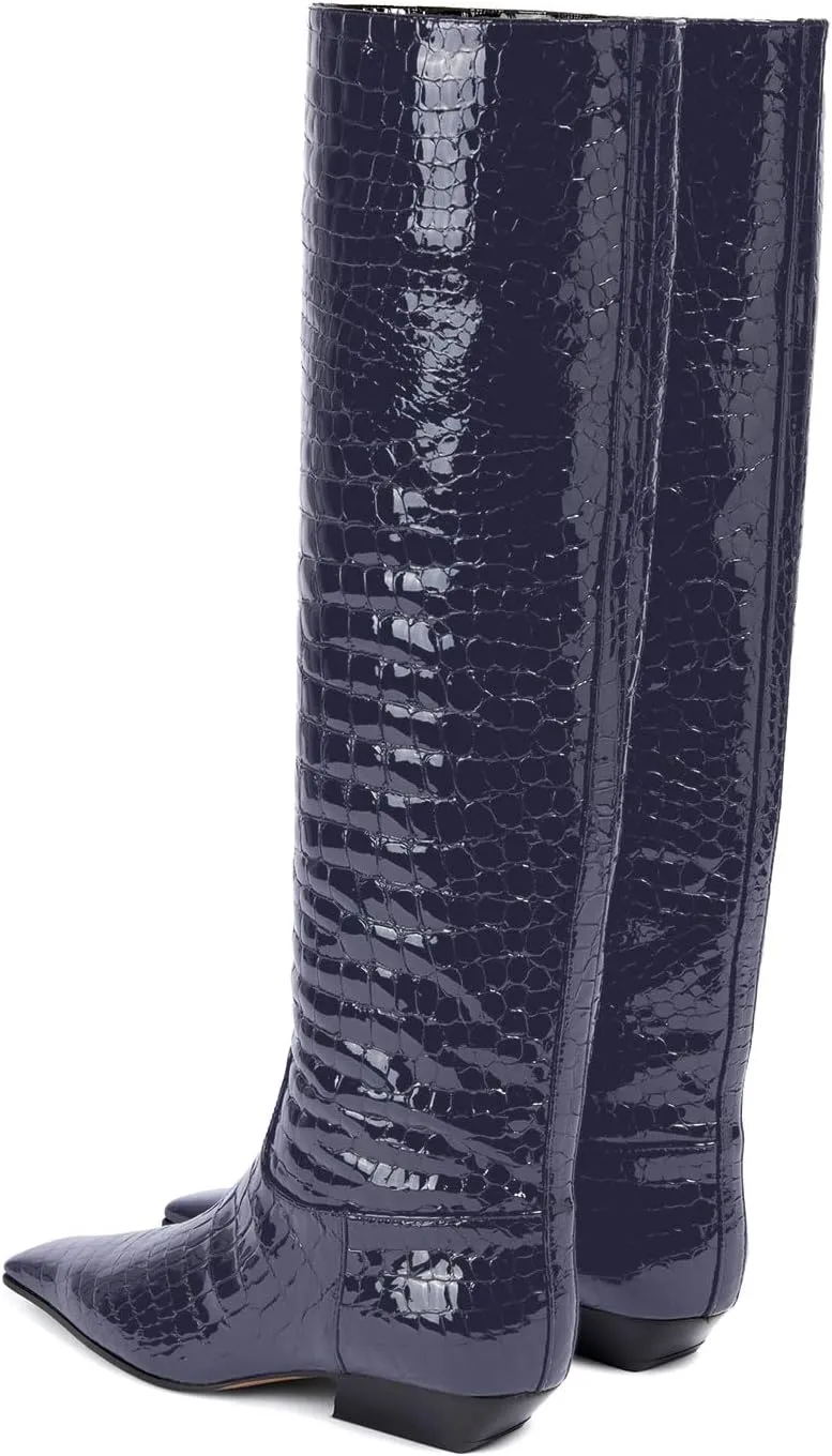 anteikira Women's Fashion Chunky Heel Square Toe Knee High Boots Crocodile Closed Toe Tall Boots Pull On Long Boot for Women Size 5.5-12US