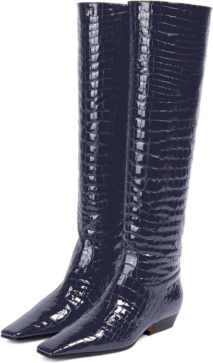anteikira Women's Fashion Chunky Heel Square Toe Knee High Boots Crocodile Closed Toe Tall Boots Pull On Long Boot for Women Size 5.5-12US
