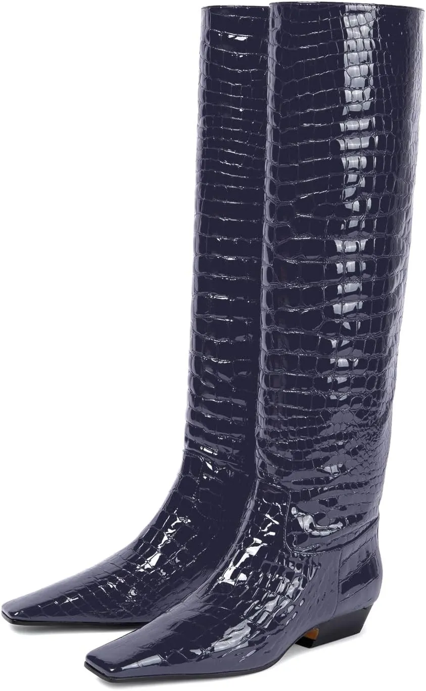 anteikira Women's Fashion Chunky Heel Square Toe Knee High Boots Crocodile Closed Toe Tall Boots Pull On Long Boot for Women Size 5.5-12US