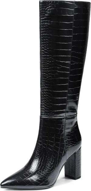 AOSPHIRAYLIAN Knee High Boots Women Snake Faux Crocodile Boots Long Tall Boots Pointed Toe Chunky High Heel Boots with Zipper Block Heel Fashion Dress Boots Pull On Size 6-10