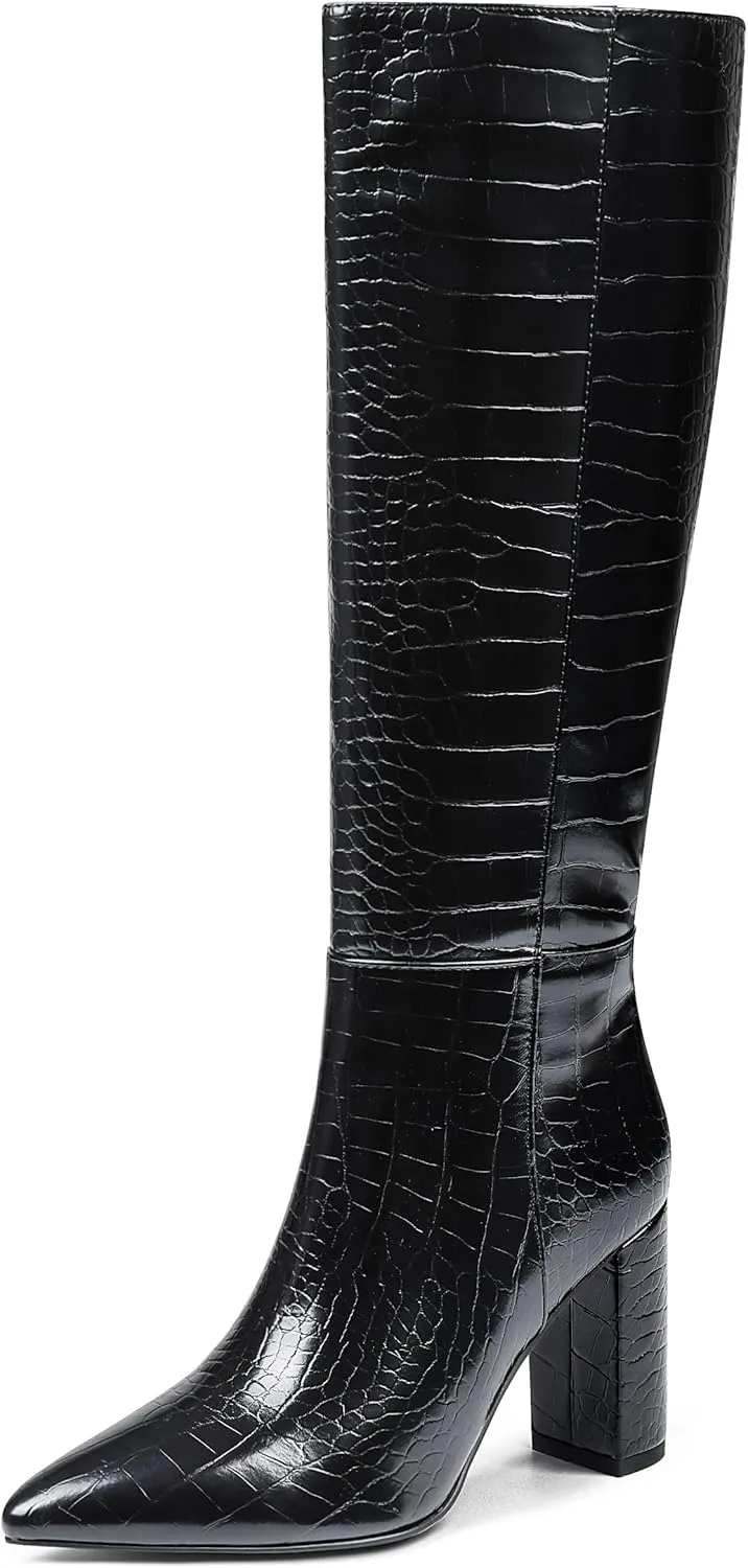 AOSPHIRAYLIAN Knee High Boots Women Snake Faux Crocodile Boots Long Tall Boots Pointed Toe Chunky High Heel Boots with Zipper Block Heel Fashion Dress Boots Pull On Size 6-10