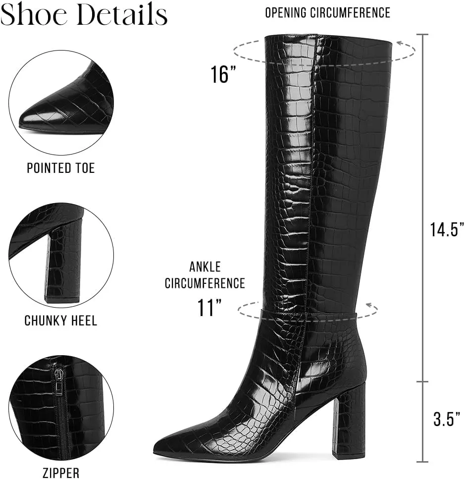 AOSPHIRAYLIAN Knee High Boots Women Snake Faux Crocodile Boots Long Tall Boots Pointed Toe Chunky High Heel Boots with Zipper Block Heel Fashion Dress Boots Pull On Size 6-10