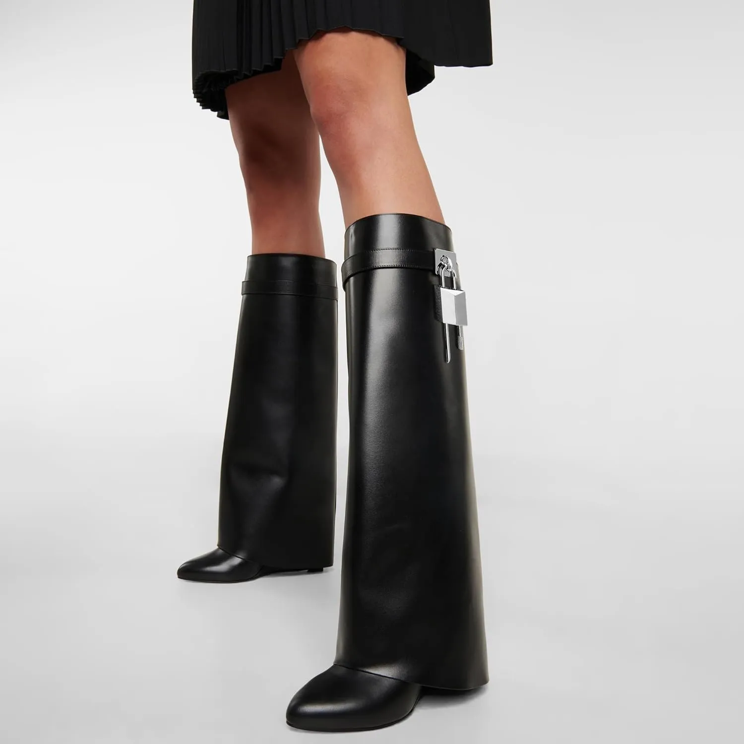 Arqa Fold Over Knee High Boots for Women Covered Wedge Heel Padlock Boot Almond Toe Wide Calf Pull-on Fashion Boots Party Shoes