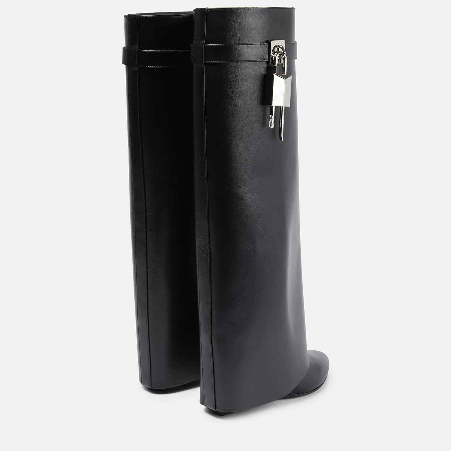Arqa Fold Over Knee High Boots for Women Covered Wedge Heel Padlock Boot Almond Toe Wide Calf Pull-on Fashion Boots Party Shoes