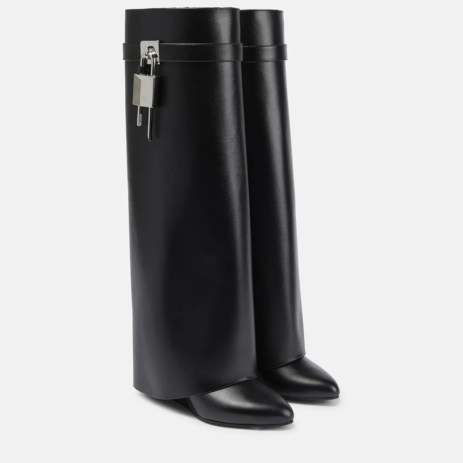 Arqa Fold Over Knee High Boots for Women Covered Wedge Heel Padlock Boot Almond Toe Wide Calf Pull-on Fashion Boots Party Shoes