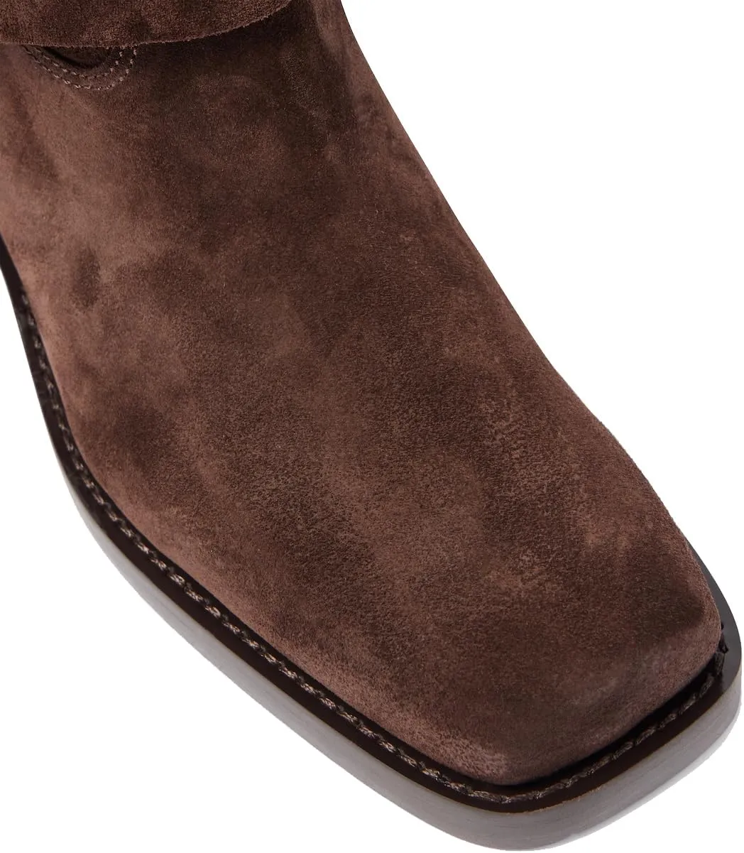 Arqa Suede Biker Boots for Women Square Toe Chunky Heel Studded Riding Ankle Boot Buckled Strap Motorcycle Booties