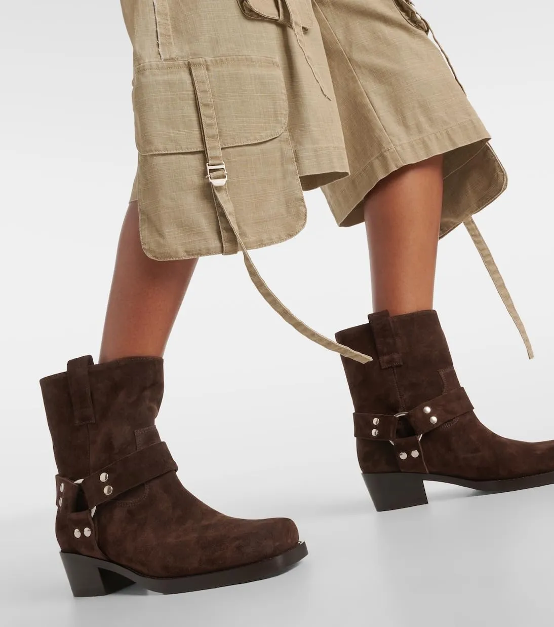Arqa Suede Biker Boots for Women Square Toe Chunky Heel Studded Riding Ankle Boot Buckled Strap Motorcycle Booties