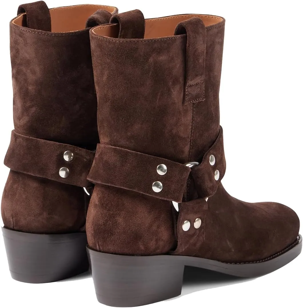 Arqa Suede Biker Boots for Women Square Toe Chunky Heel Studded Riding Ankle Boot Buckled Strap Motorcycle Booties