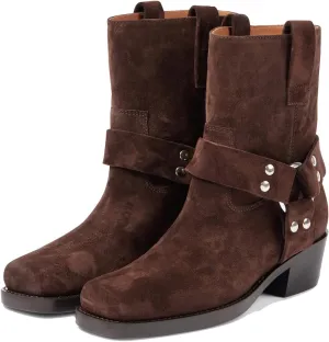 Arqa Suede Biker Boots for Women Square Toe Chunky Heel Studded Riding Ankle Boot Buckled Strap Motorcycle Booties