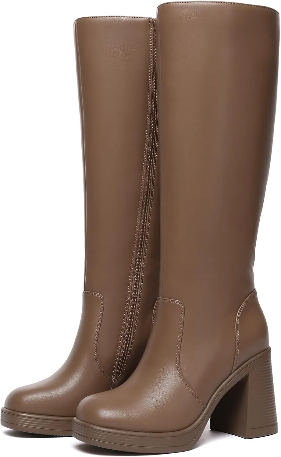 Athlefit Black Knee High Boots for Women Platform Tall Boots Fashion Square Toe Chunky Heeled Booties