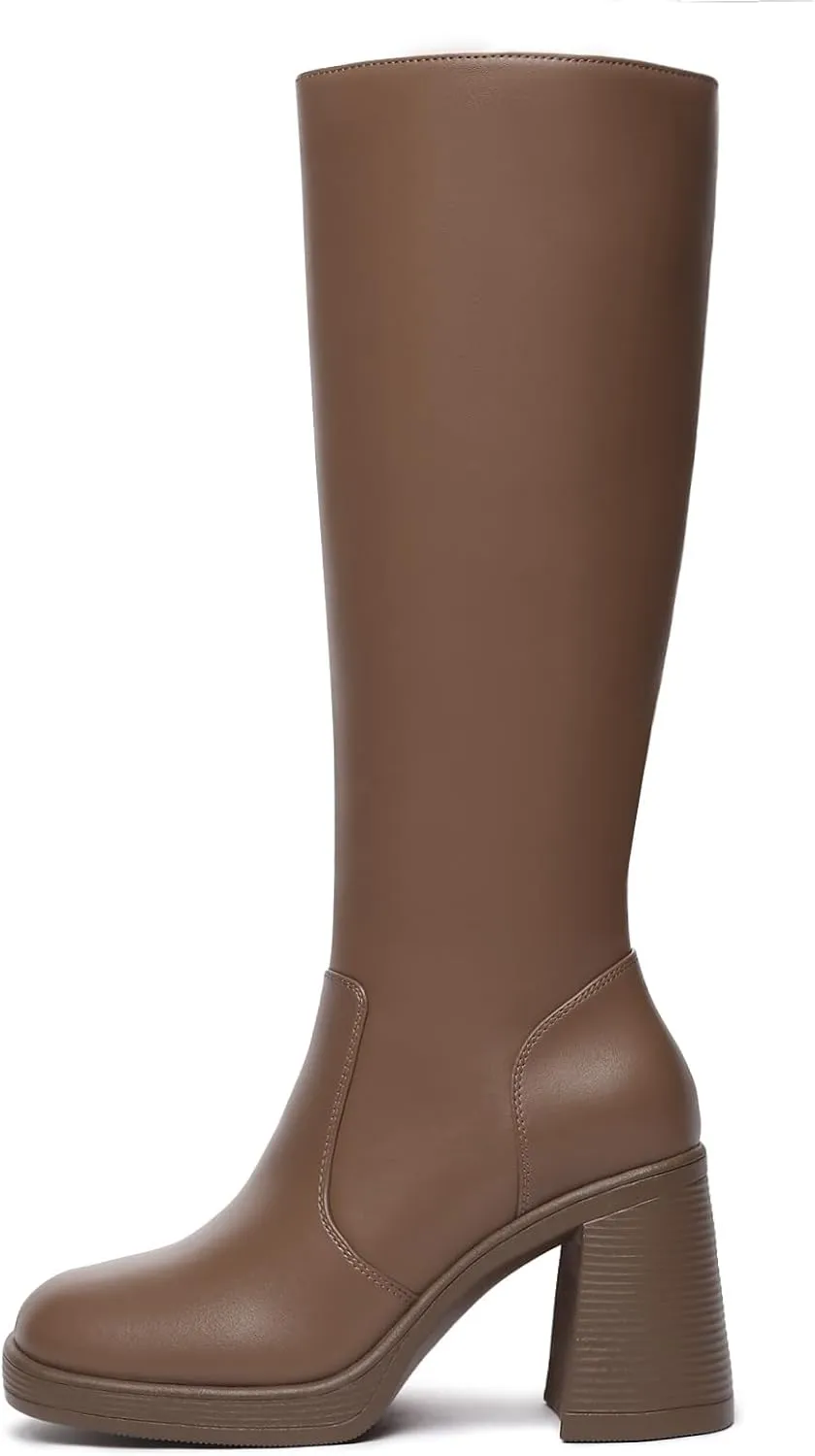 Athlefit Black Knee High Boots for Women Platform Tall Boots Fashion Square Toe Chunky Heeled Booties