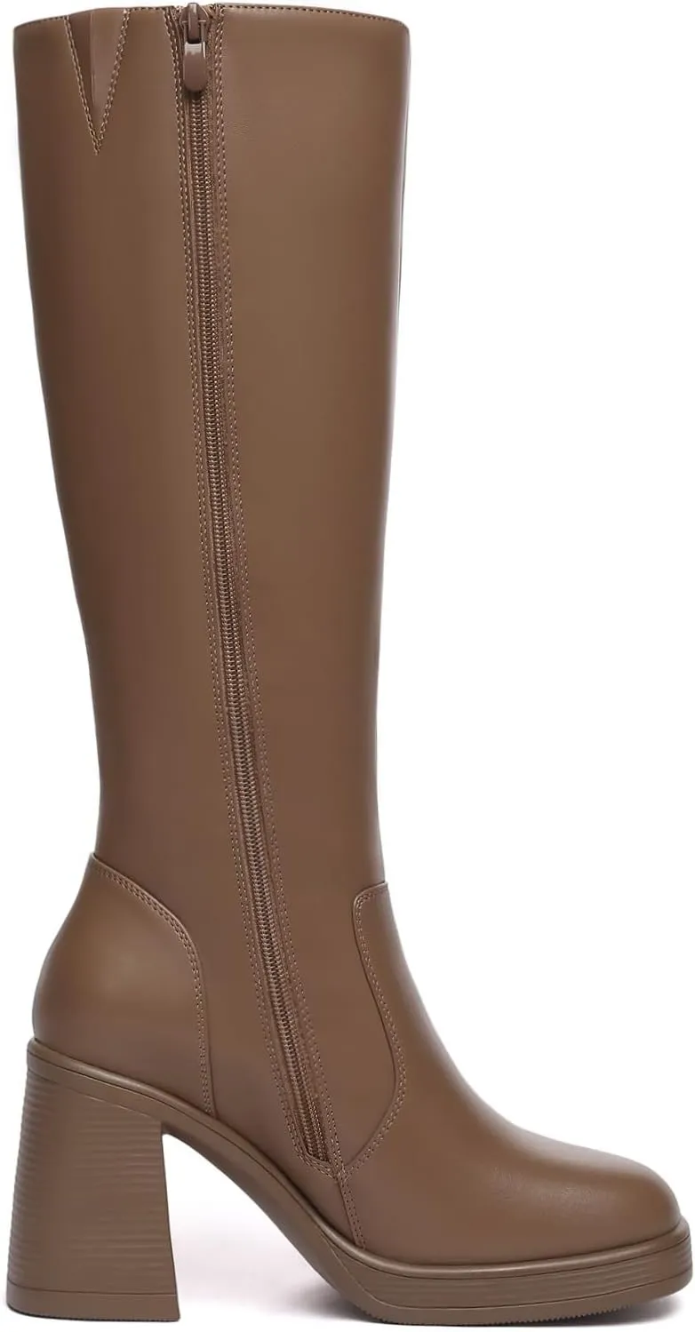 Athlefit Black Knee High Boots for Women Platform Tall Boots Fashion Square Toe Chunky Heeled Booties