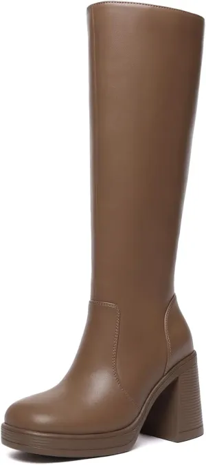 Athlefit Black Knee High Boots for Women Platform Tall Boots Fashion Square Toe Chunky Heeled Booties