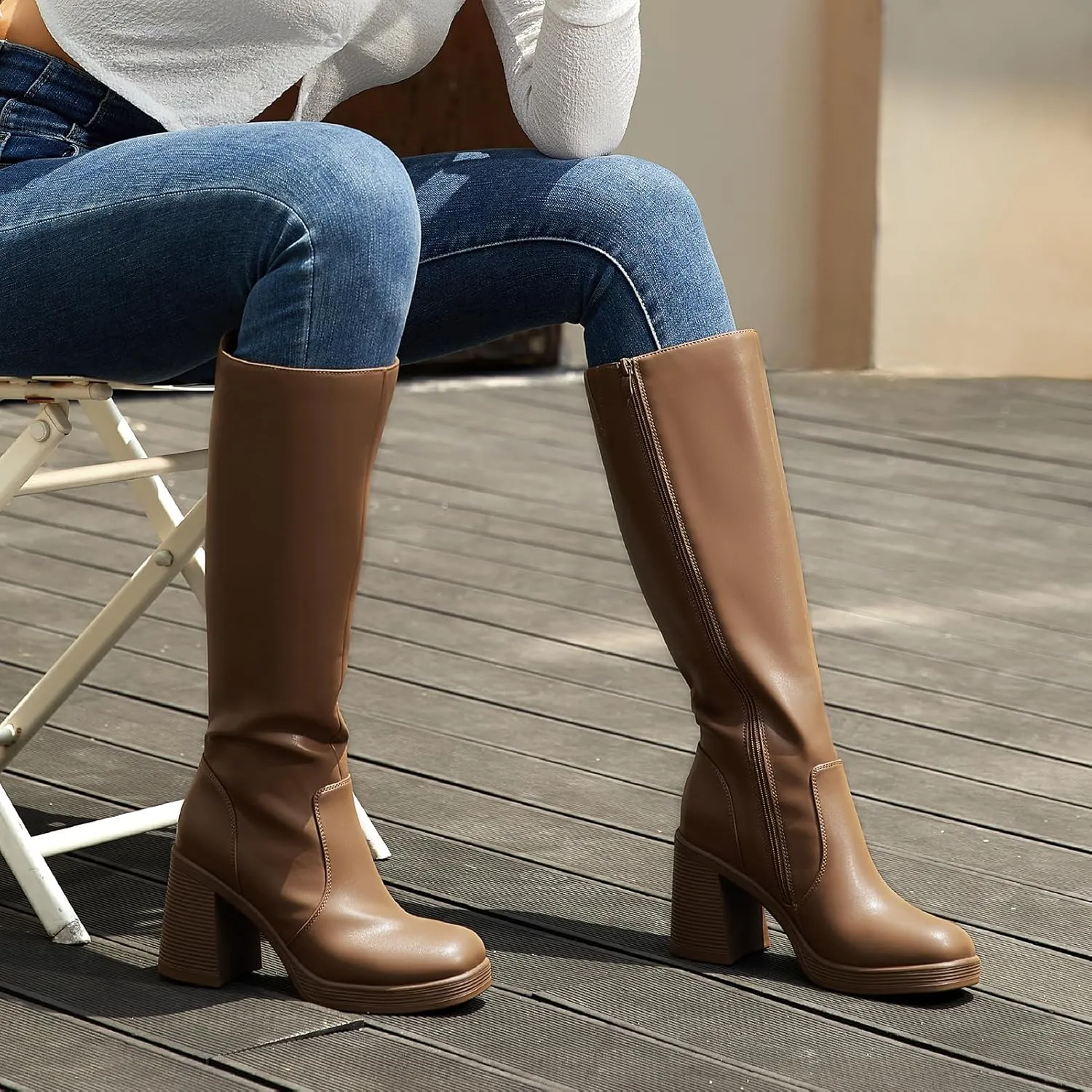 Athlefit Black Knee High Boots for Women Platform Tall Boots Fashion Square Toe Chunky Heeled Booties