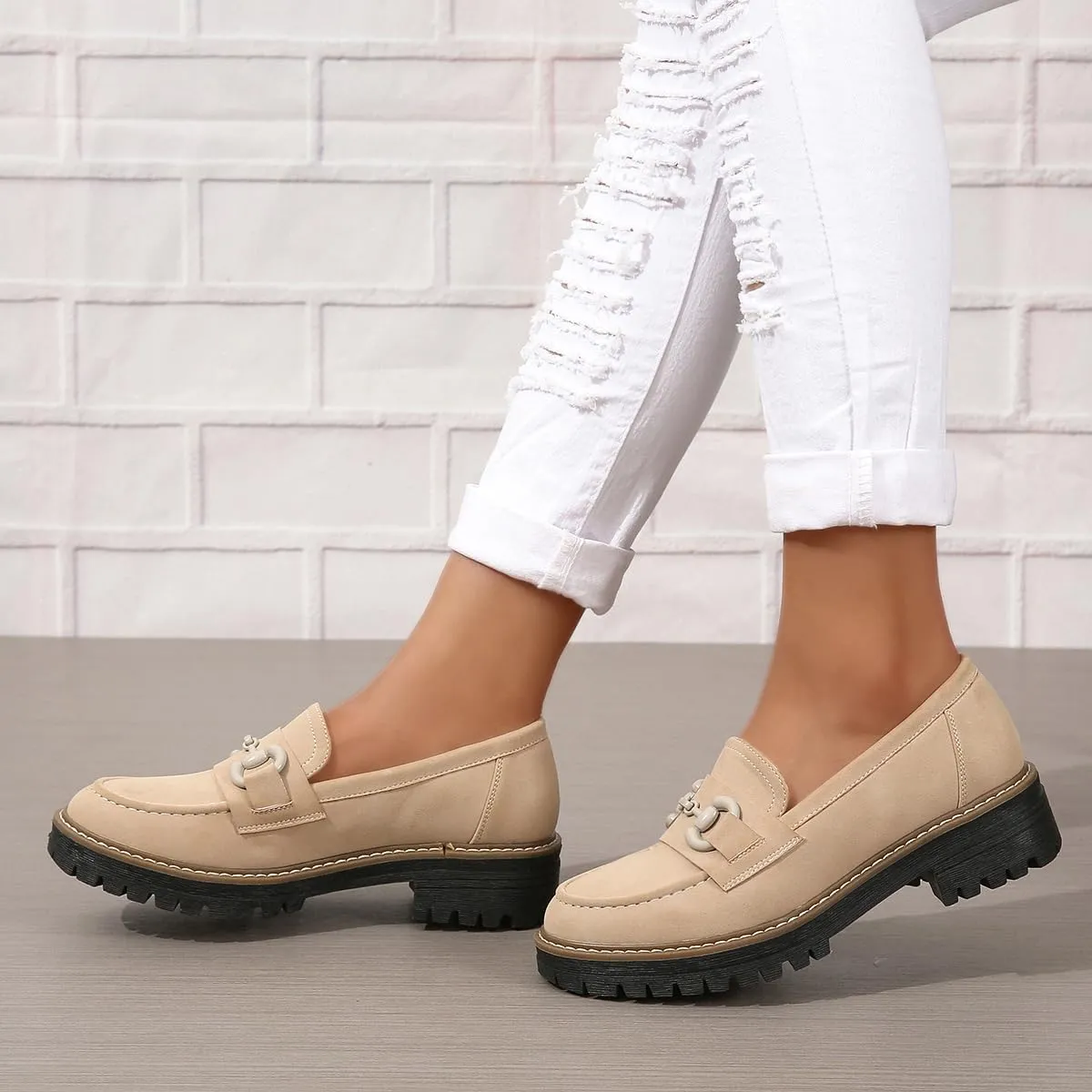 Bandkos Womens Penny Platform Loafers-Fashion Suede Platform Chunky Slip On Dress Shoes Business Lug Sole Loafers US Size 5-12