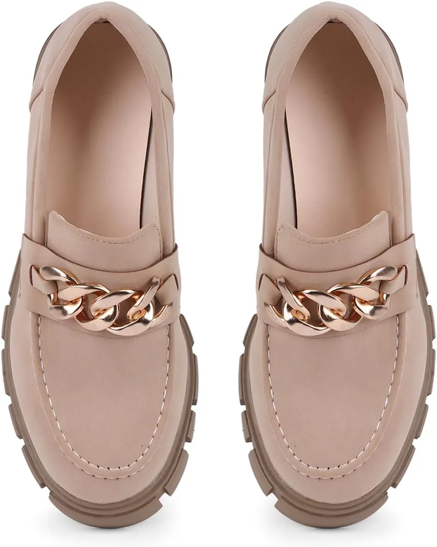 Bandkos Womens Slip On Penny Loafers Platform Chunky Loafer Lug Sole Suede Work Business Casual Dress Uniform Oxfords with Metal Chain