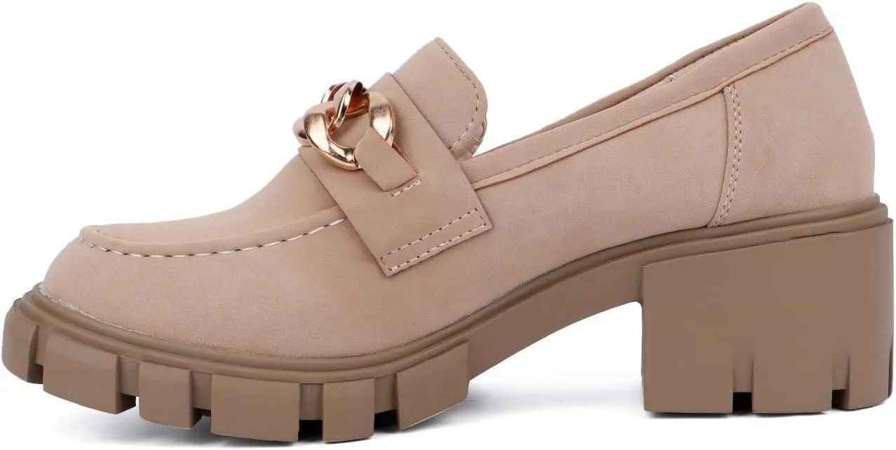 Bandkos Womens Slip On Penny Loafers Platform Chunky Loafer Lug Sole Suede Work Business Casual Dress Uniform Oxfords with Metal Chain
