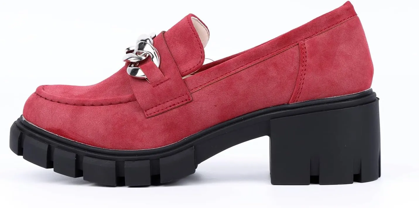 Bandkos Womens Slip On Penny Loafers Platform Chunky Loafer Lug Sole Suede Work Business Casual Dress Uniform Oxfords with Metal Chain