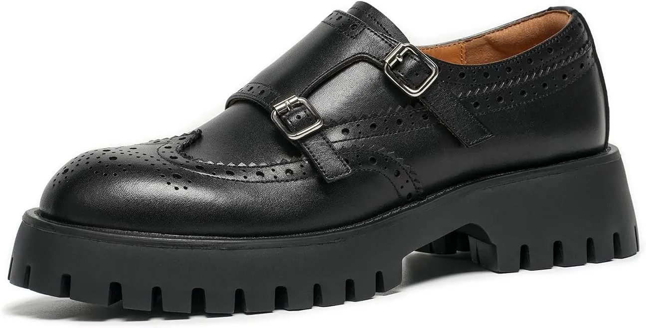 BEAU TODAY Chunky Loafers for Women, Women’s Leather Platform Loafers, Lug Sole Tassel Slip On Loafers Shoes Brogues Wingtip Casual Business Shoes Comfortable Dressy