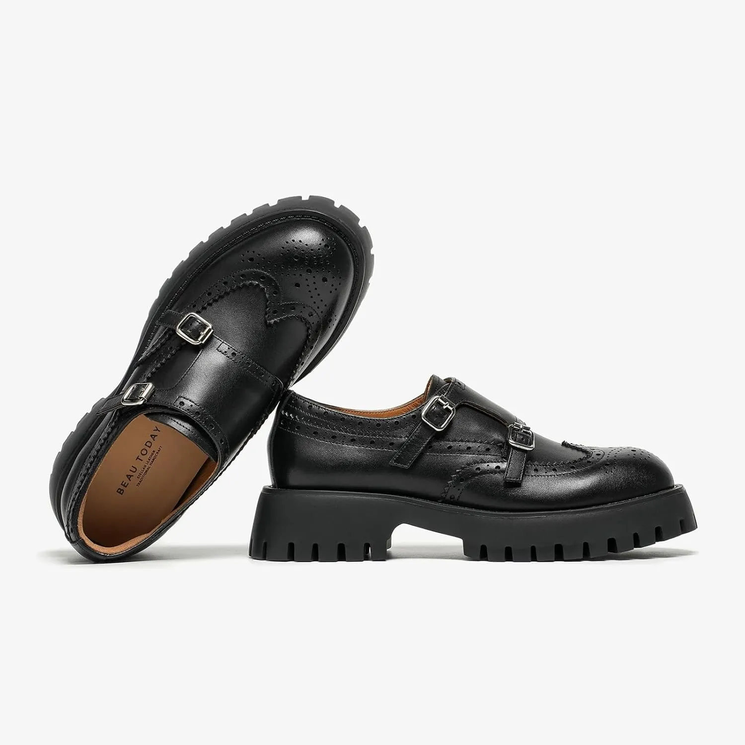 BEAU TODAY Chunky Loafers for Women, Women’s Leather Platform Loafers, Lug Sole Tassel Slip On Loafers Shoes Brogues Wingtip Casual Business Shoes Comfortable Dressy