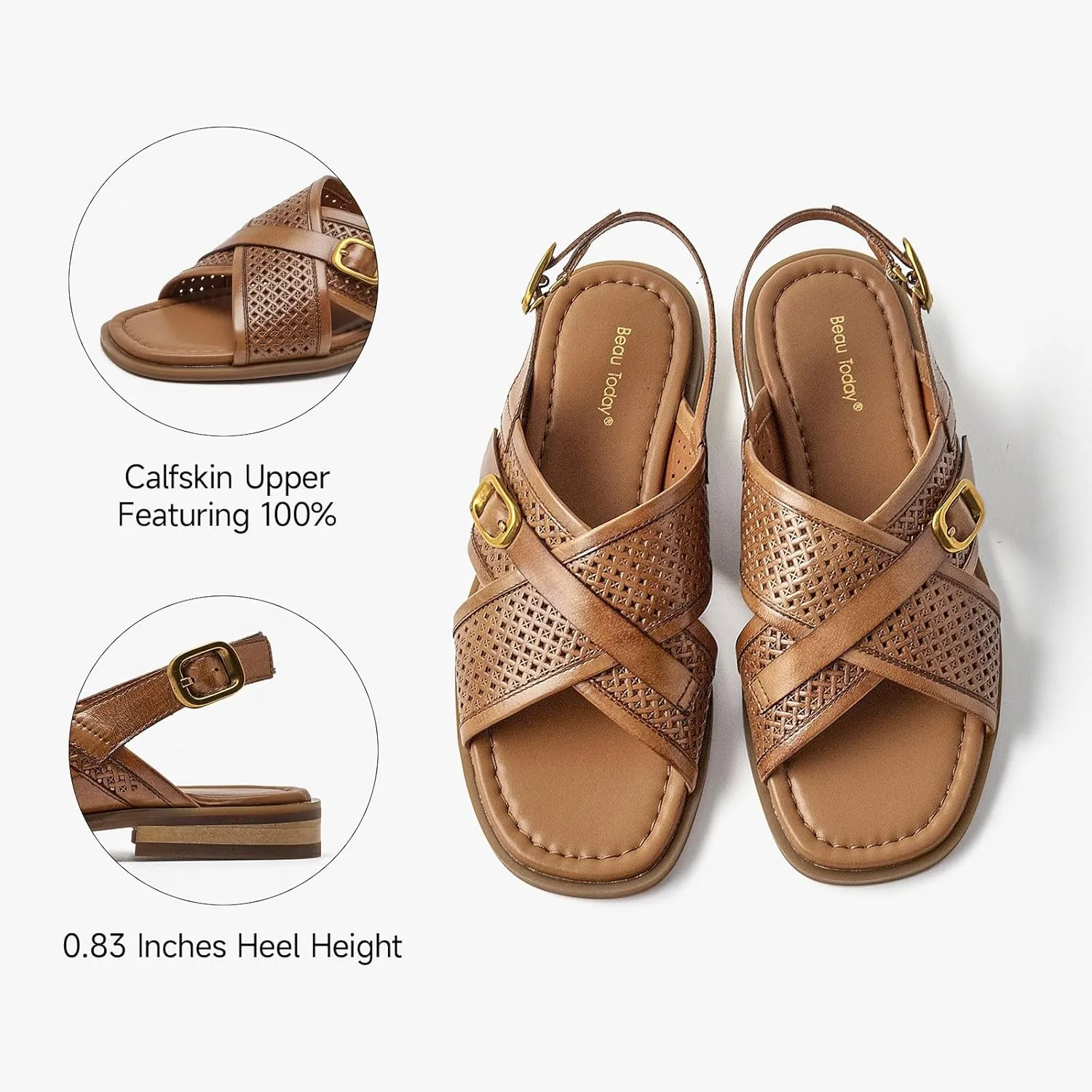 BEAU TODAY Flat Sandals for Women,Wide Cross Band Sandals for Women,Leather Comfortable Sandals,Summer Open-Toe Sandals for Beach Walking Casual