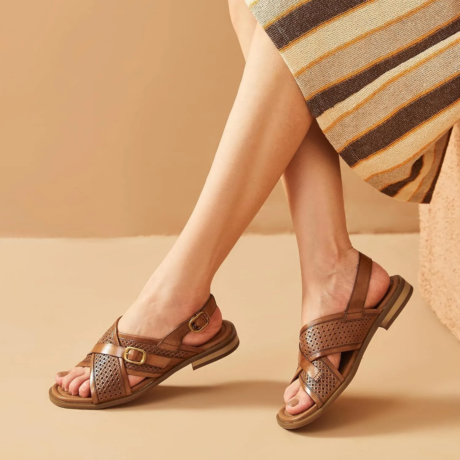 BEAU TODAY Flat Sandals for Women,Wide Cross Band Sandals for Women,Leather Comfortable Sandals,Summer Open-Toe Sandals for Beach Walking Casual
