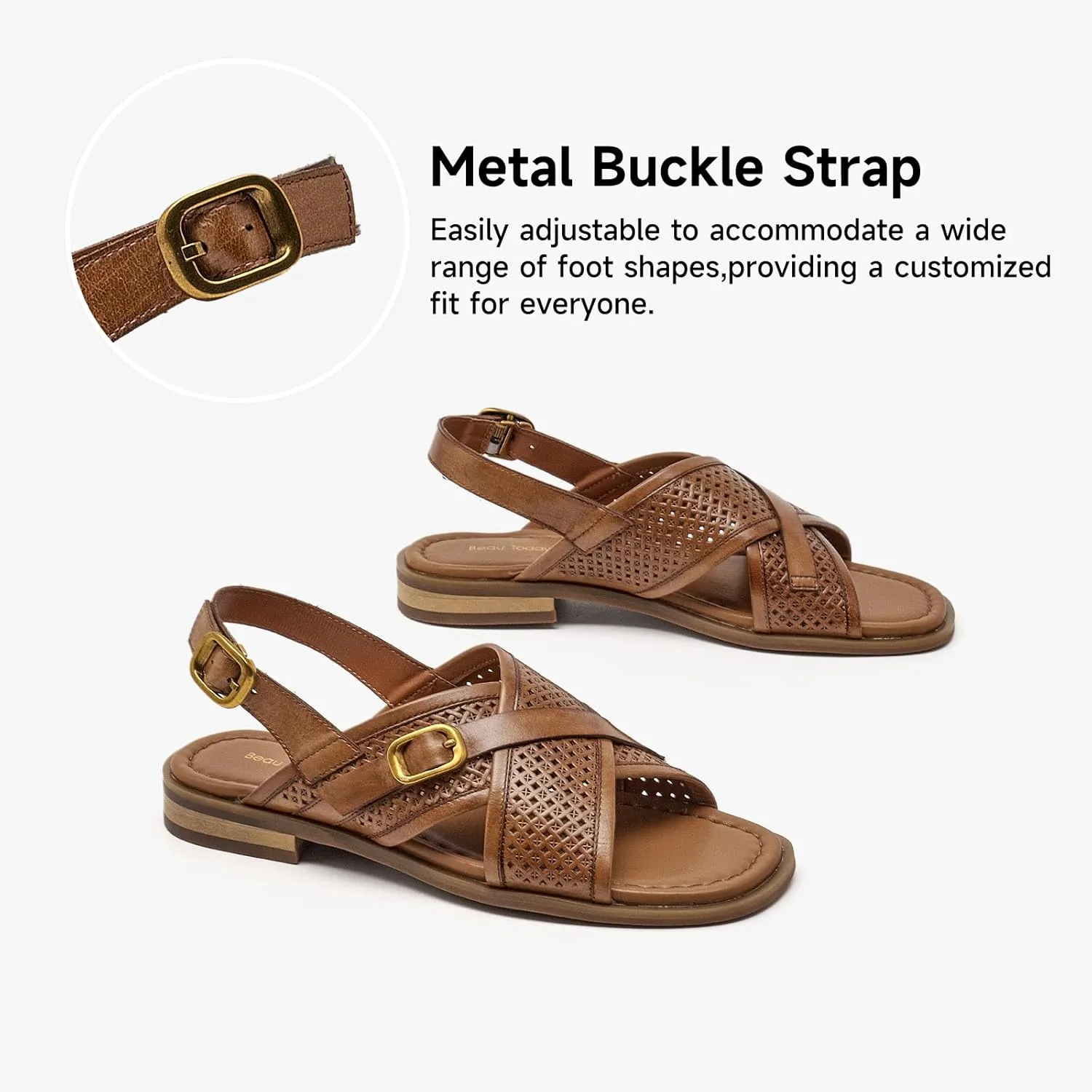 BEAU TODAY Flat Sandals for Women,Wide Cross Band Sandals for Women,Leather Comfortable Sandals,Summer Open-Toe Sandals for Beach Walking Casual