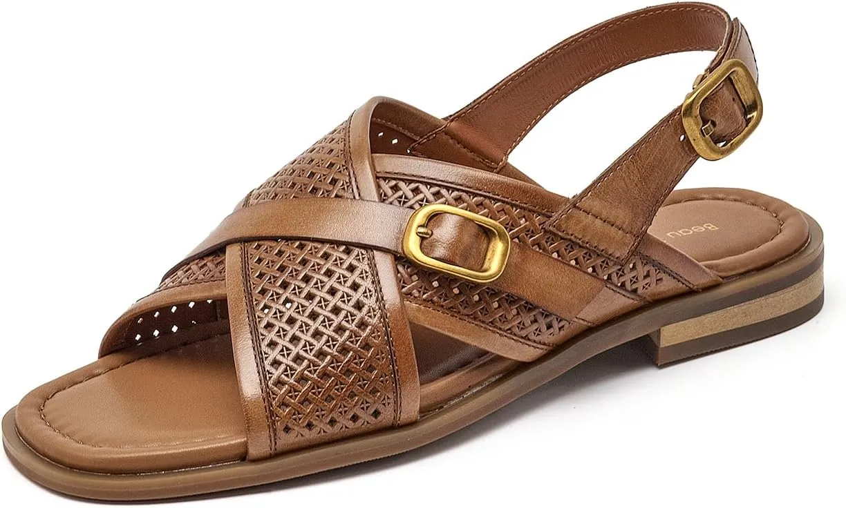 BEAU TODAY Flat Sandals for Women,Wide Cross Band Sandals for Women,Leather Comfortable Sandals,Summer Open-Toe Sandals for Beach Walking Casual