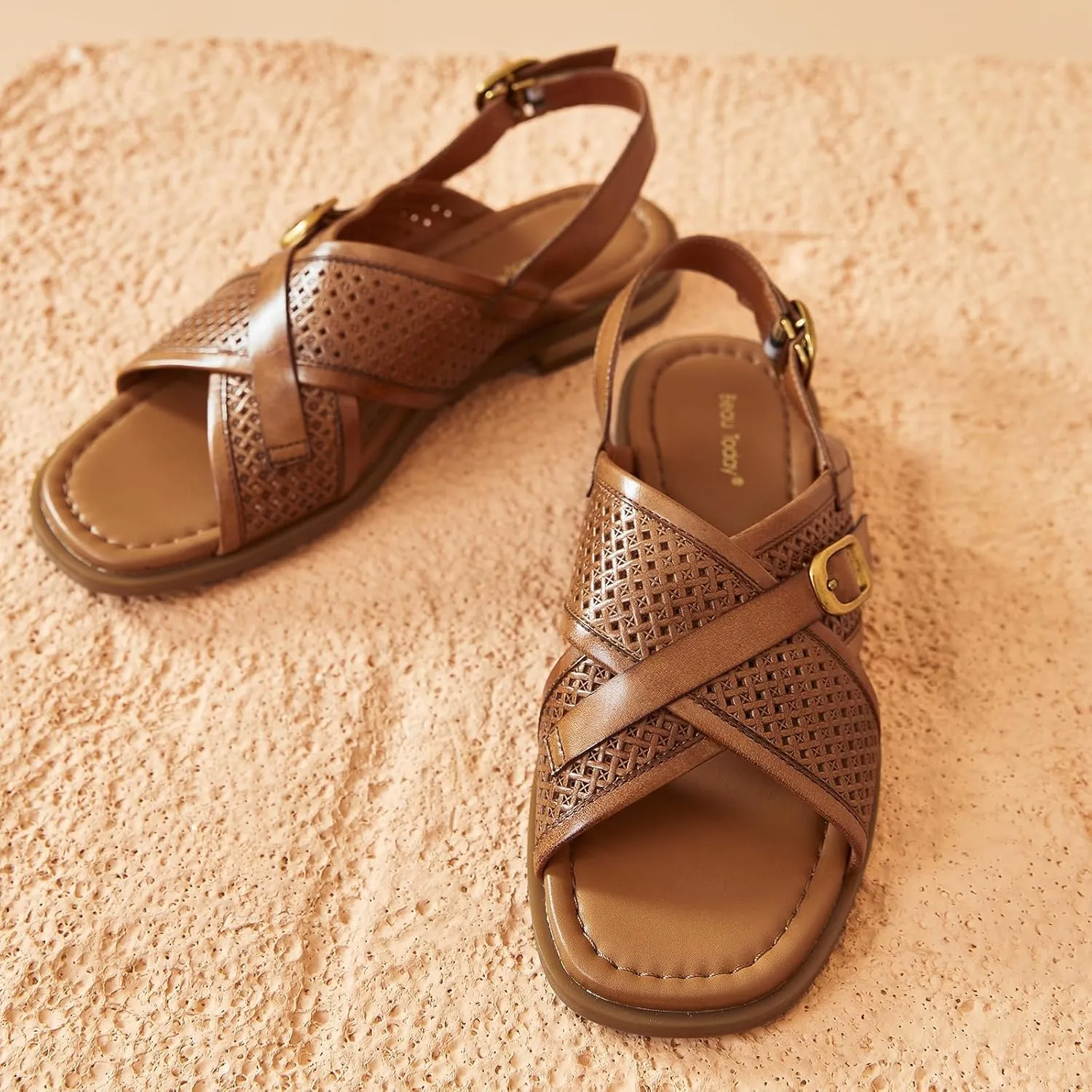 BEAU TODAY Flat Sandals for Women,Wide Cross Band Sandals for Women,Leather Comfortable Sandals,Summer Open-Toe Sandals for Beach Walking Casual