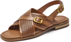 BEAU TODAY Flat Sandals for Women,Wide Cross Band Sandals for Women,Leather Comfortable Sandals,Summer Open-Toe Sandals for Beach Walking Casual