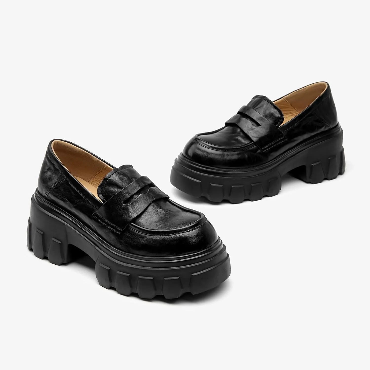 BEAU TODAY Platform Loafers for Women,Chunky Loafers Women,Penny Leather Slip-on Lug Sole Loafers,Round Toe Comfort Casual Fashion Business Work Shoes