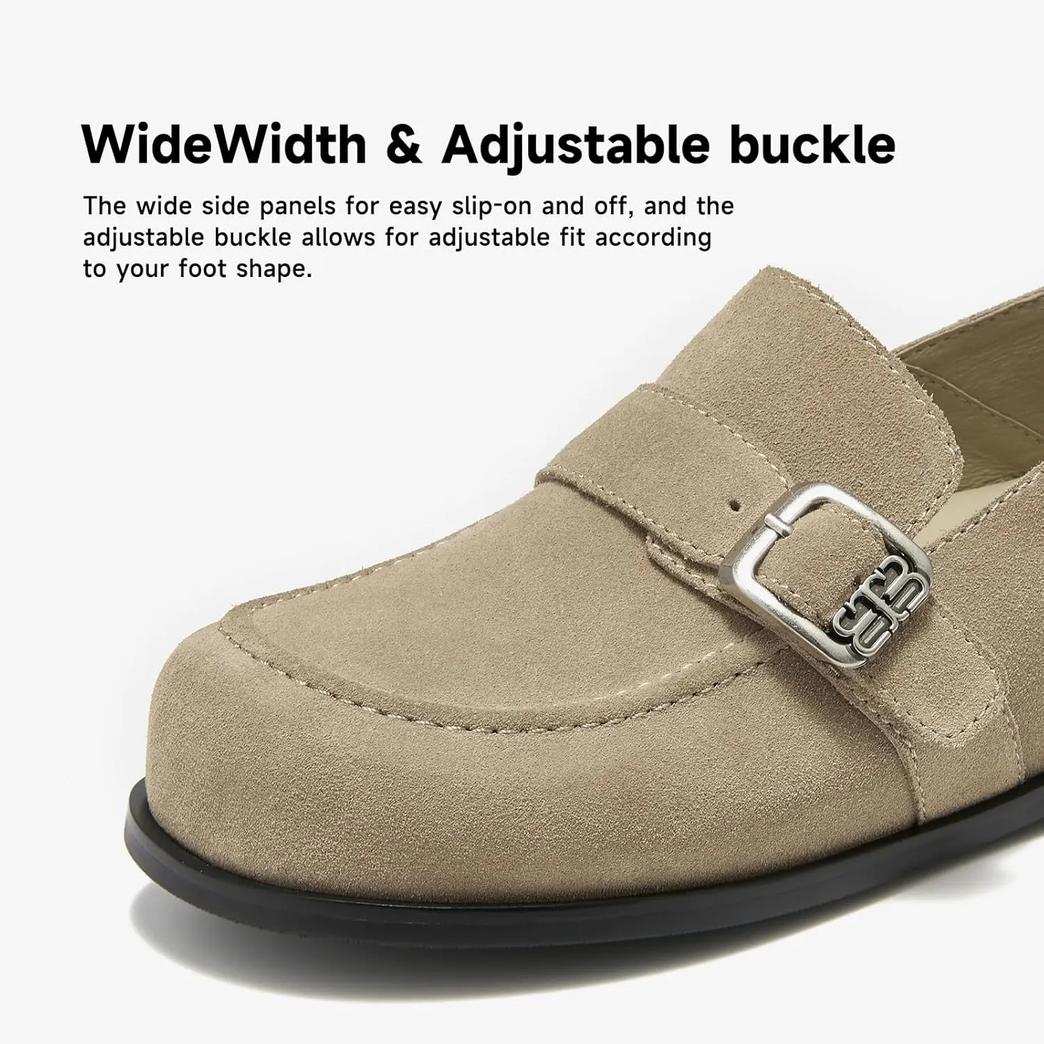 BEAU TODAY Suede Leather Loafers Women, Women’s Slip On Wide Width Loafers Flats Shoes, Footbed Comfortable Casual Dress Potato Shoes with Arch Support and Adjustable Buckle