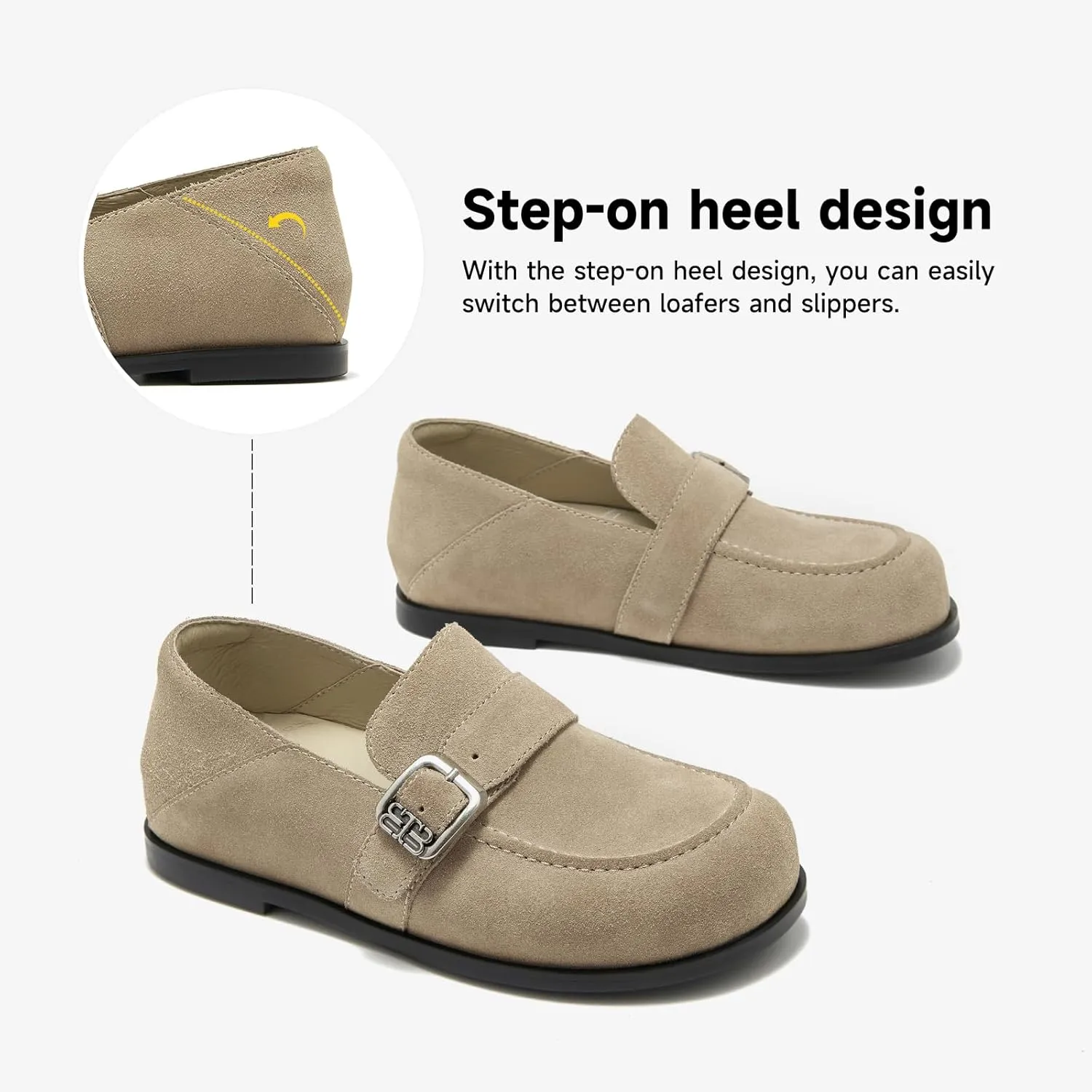 BEAU TODAY Suede Leather Loafers Women, Women’s Slip On Wide Width Loafers Flats Shoes, Footbed Comfortable Casual Dress Potato Shoes with Arch Support and Adjustable Buckle